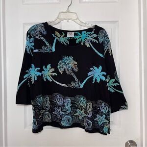 Rum Reggae Black Palm-Print Scoop Neck Top - Blue/Teal Accents